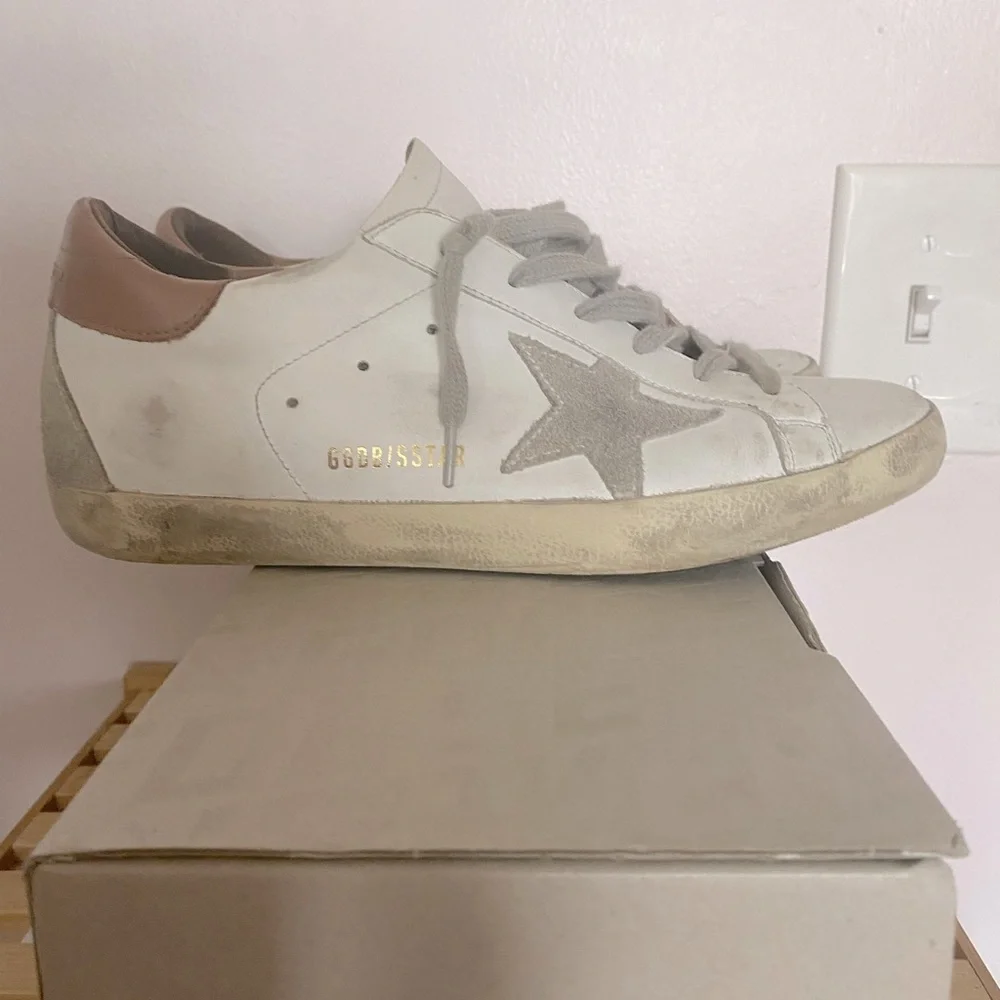 Golden Goose-Style White Leather Sneakers with Gray Star and Tan Heel - Picture 3 of 5